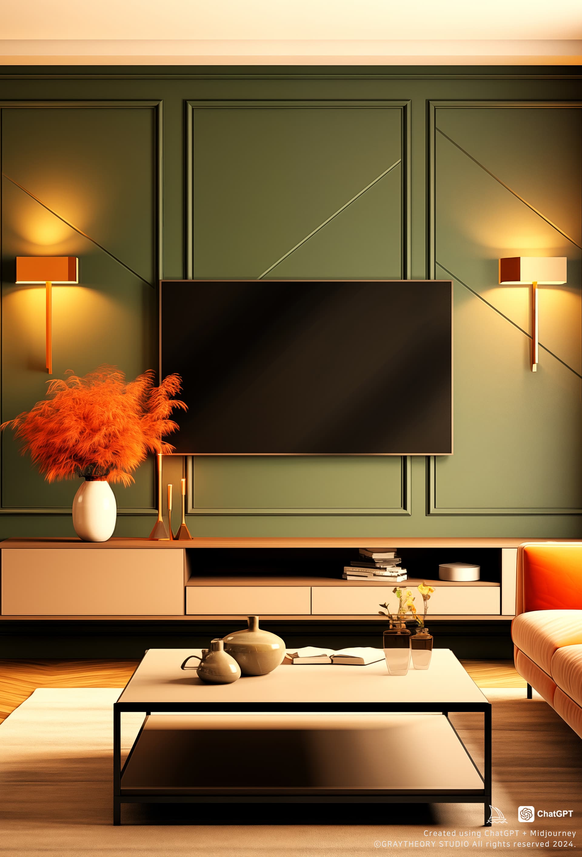 AI generated: Simple interior design modern living room interiors tv and cabinet by designer, in the style of ligh...