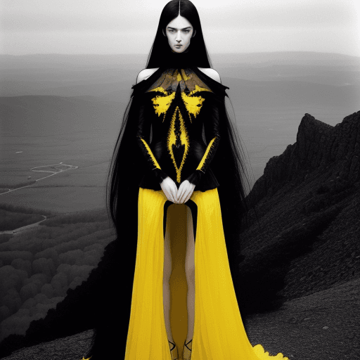 AI generated: beautiful yellow eyes model with long black hair and femenin features standing on a mountain wearing...