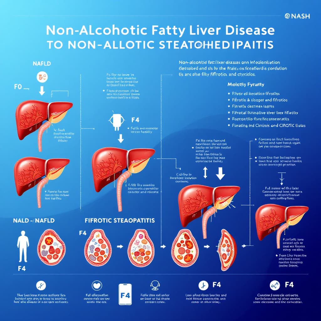 AI generated: A highly detailed medical infographic illustrating the progression of non-alcoholic fatty liver dise...