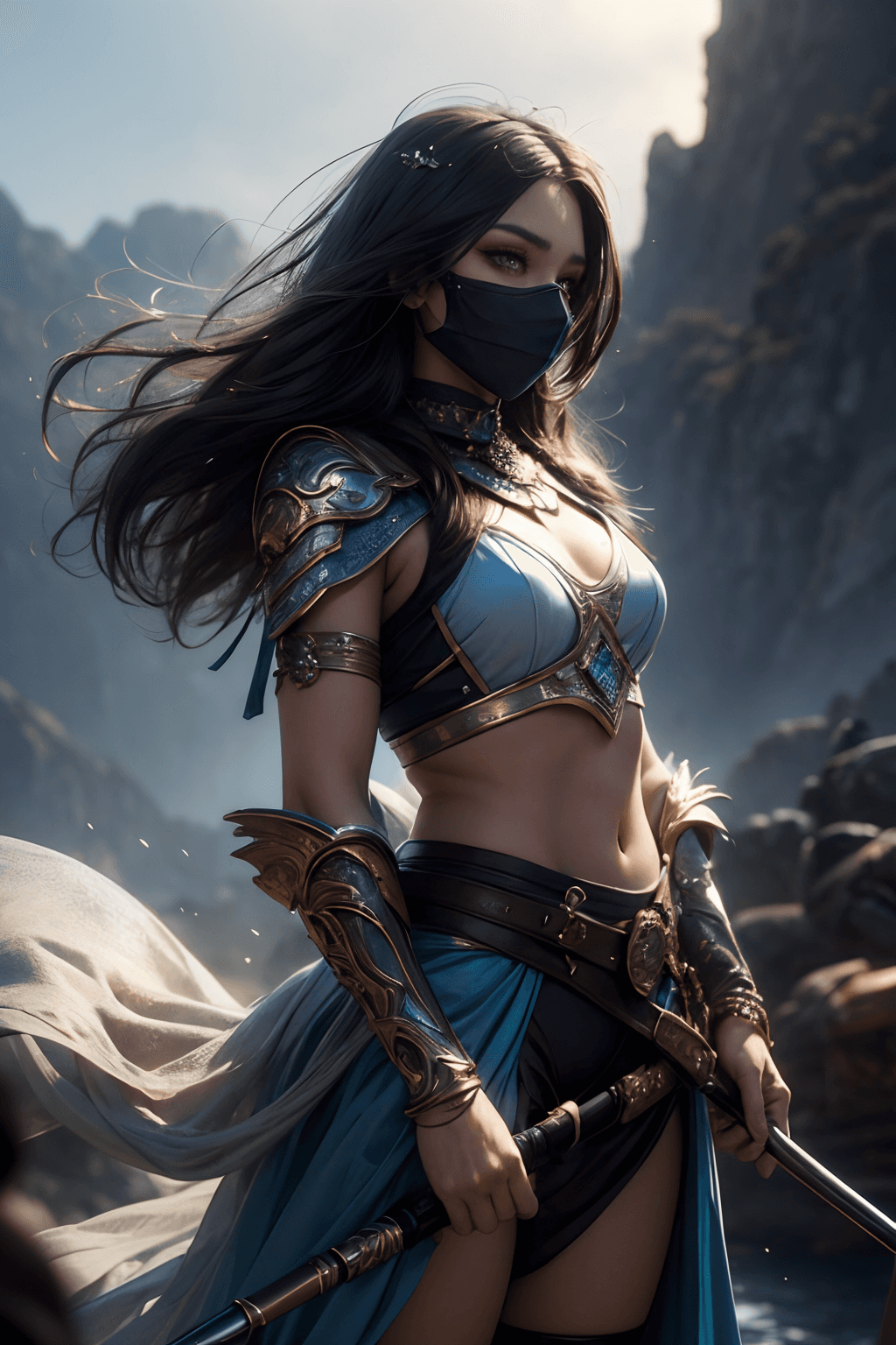 AI generated: a woman dressed in a light blue costume, with a bow and arrow, and a quiver on her shoulder, wearing...