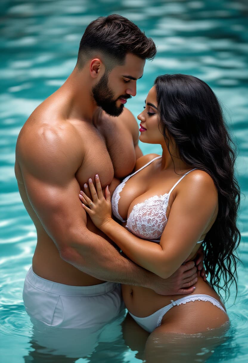 AI generated: Beautiful athletic Muscular couple hugging each other in the pool till calves, Indian curvy plus siz...