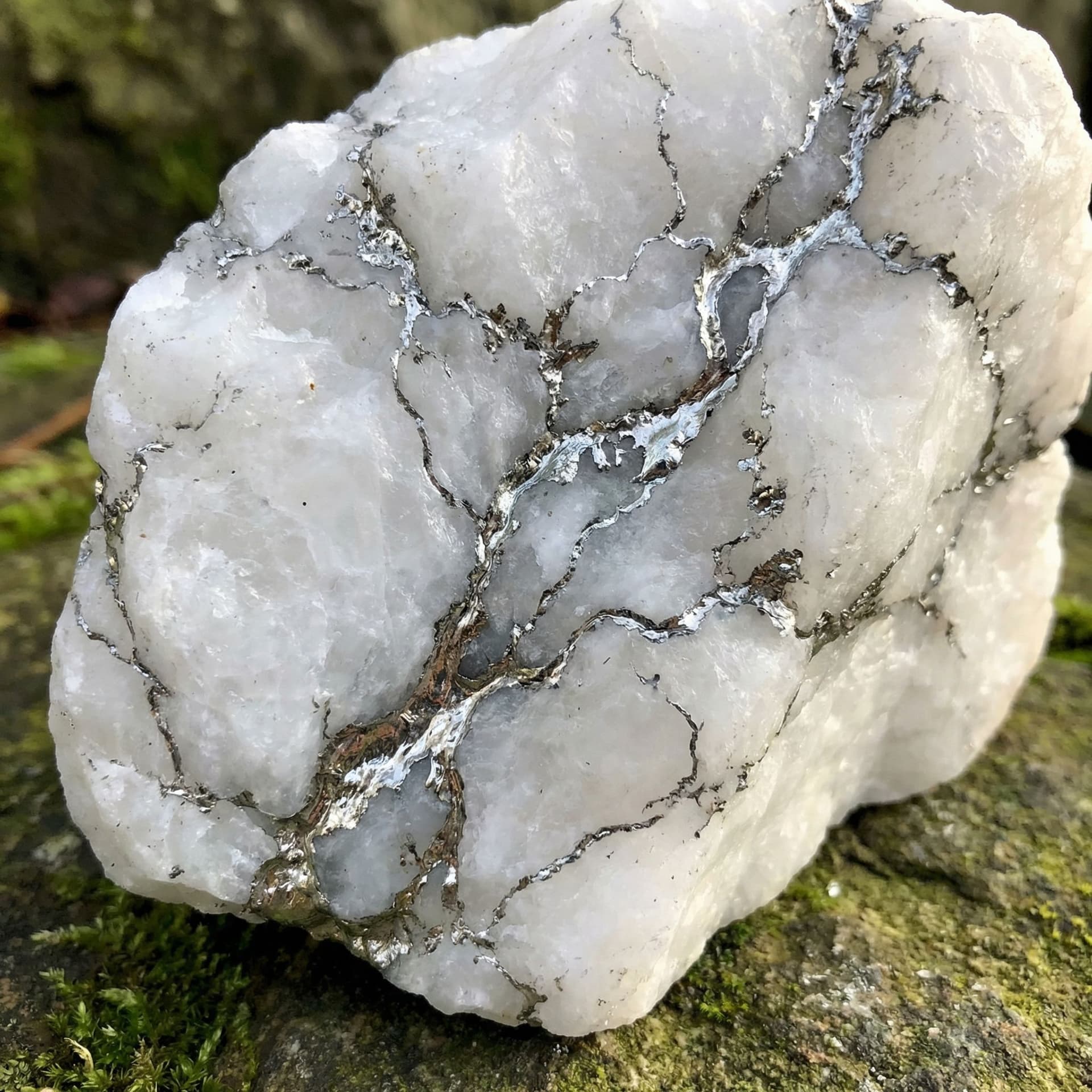 AI generated: A Solid white crystal with veins of silver running through it