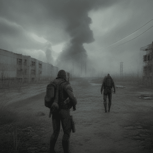 AI generated: explosion at the Chernobyl station, mutants around, two stalkers shooting back from mutants, field, ...