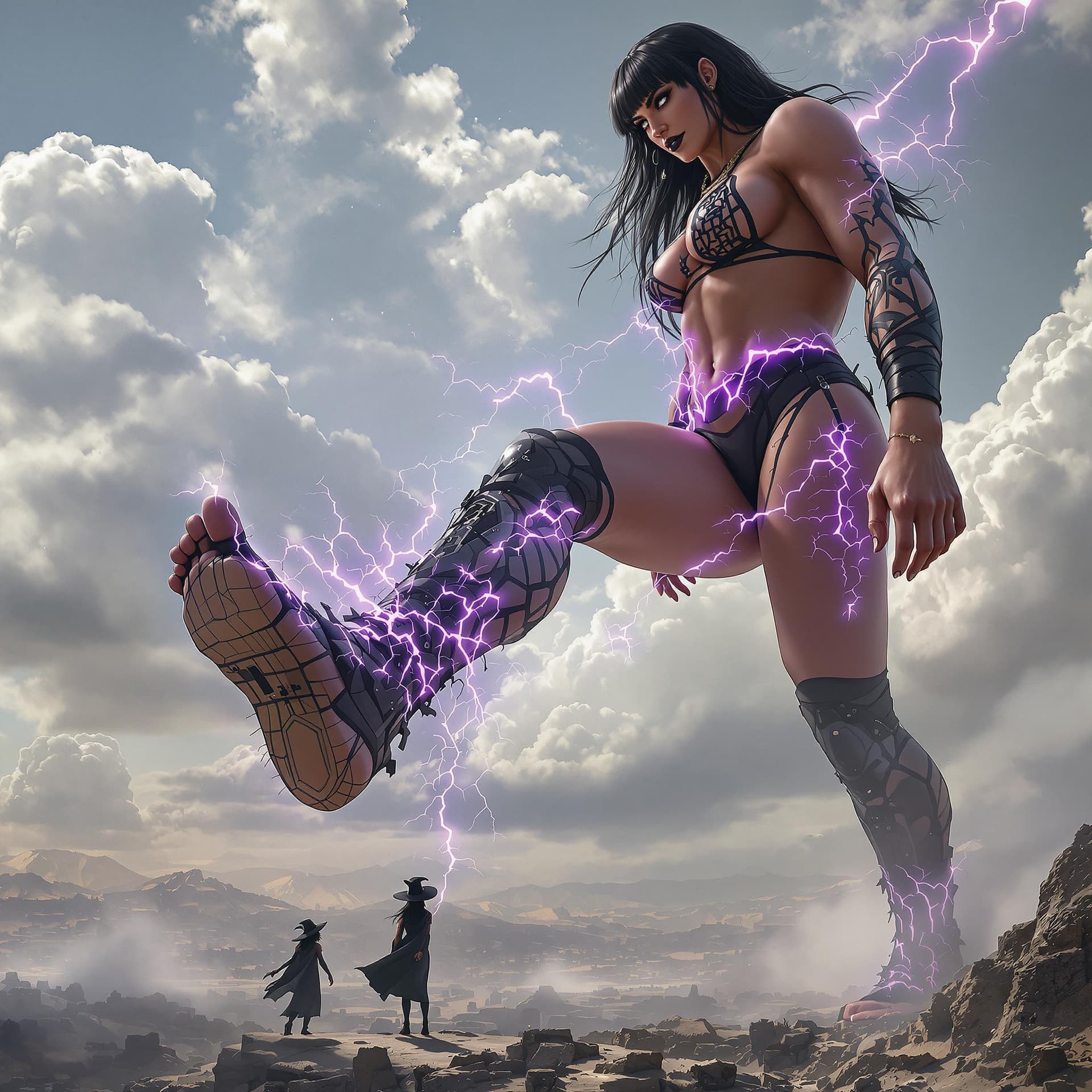 AI generated: enormous giantess female Rhea Ripley from WWE with black medium length hair and straight bangs, bigg...