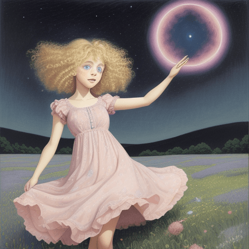 AI generated: a young girl with curly blonde hair and bright blue eyes, wearing a flowy pink silk dress, is dancin...