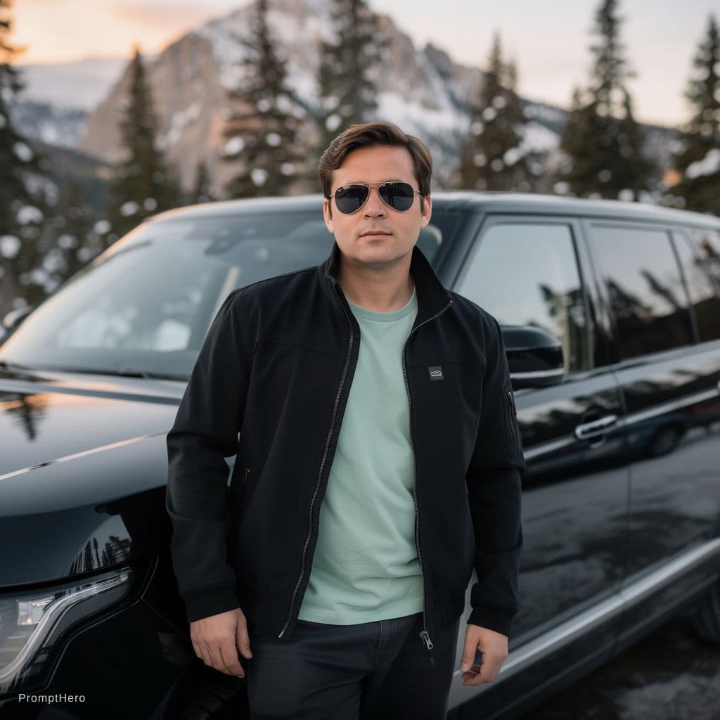 AI generated: Spontaneous medium full shot of a young man with short brown hair and classic aviator sunglasses cas...