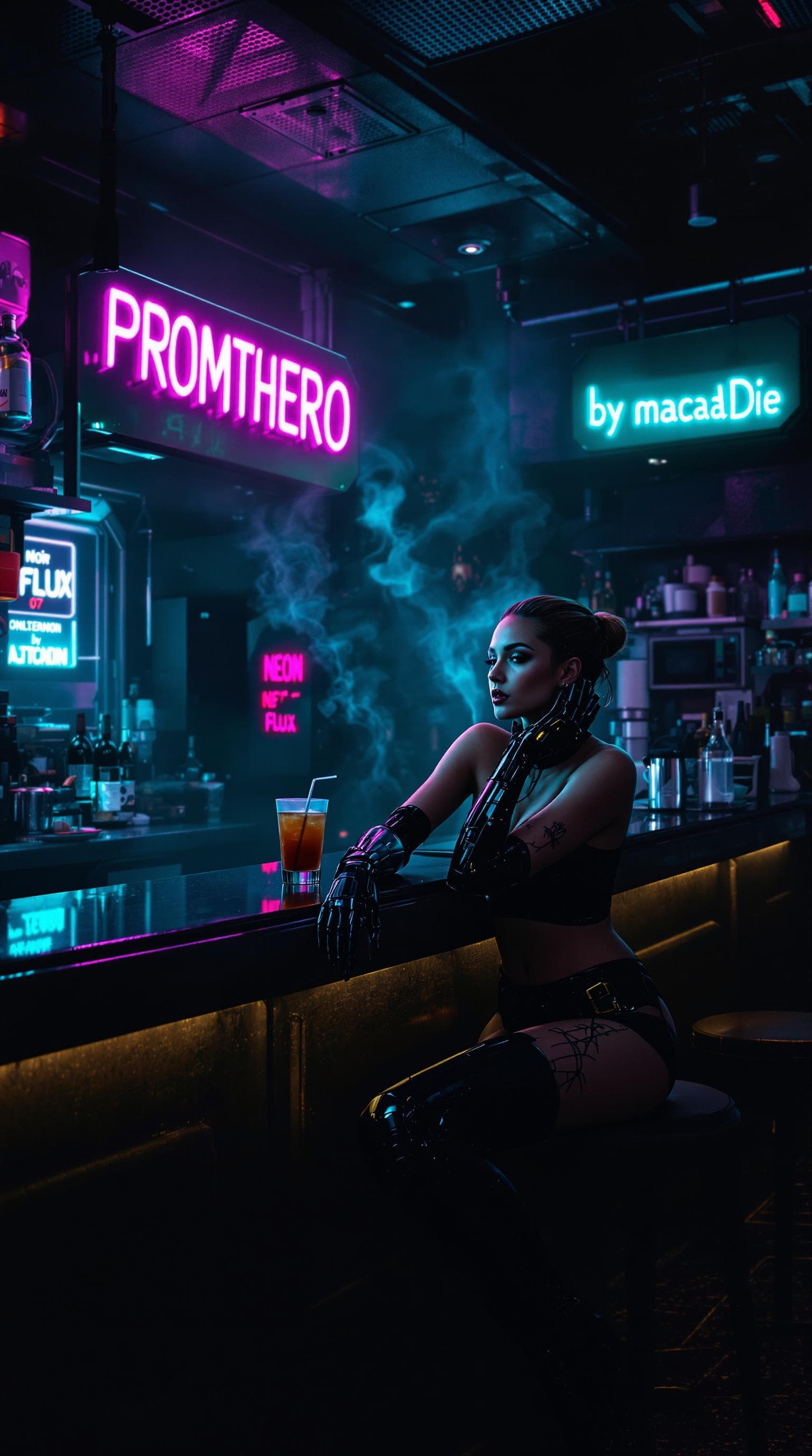 AI generated: woman sitting at the counter of a futuristic cyberpunk bar wearing futuristic clothing and cyberneti...