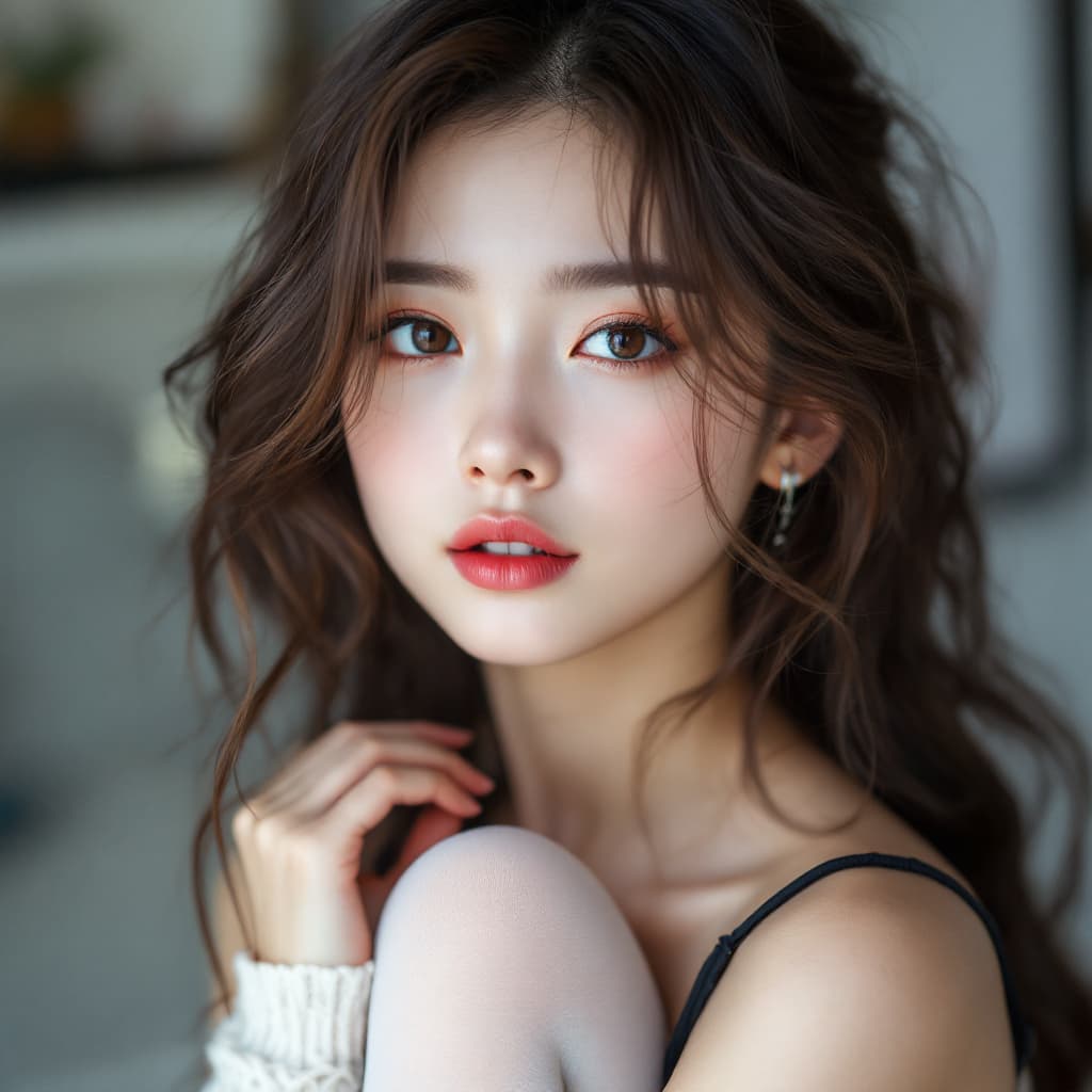 AI generated: Generate a photo of a girl with a small Asian face.Full-body photo. sexy. Wear white stockings.There...