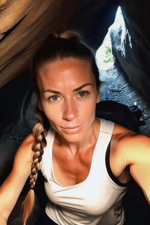 AI generated: selfie of (fit:0.7) woman, braided hair, spelunking in a tight cave, crawling, tank top, cargo pants...