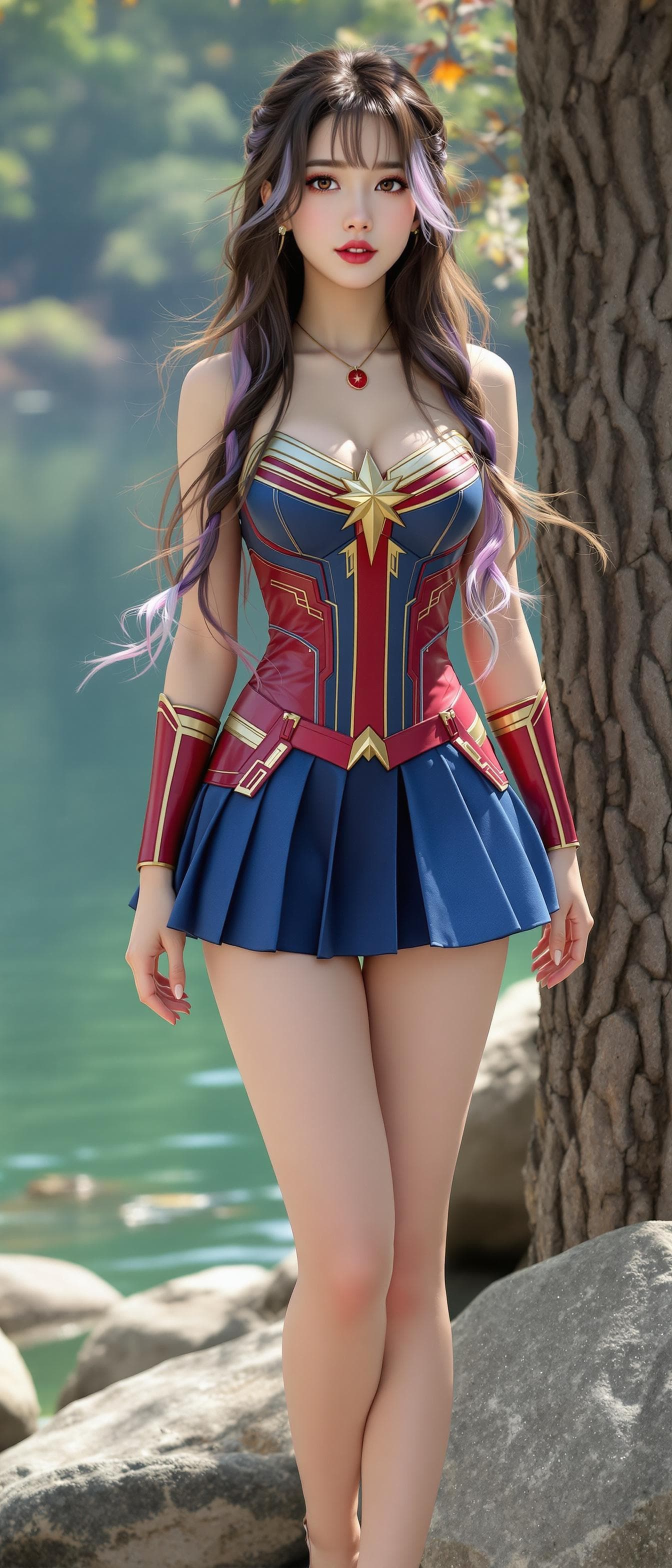 AI generated: hyperrealistic, korean girl, korean ulzzang face, a girl, beautiful, wearing a captain marvel clothe...