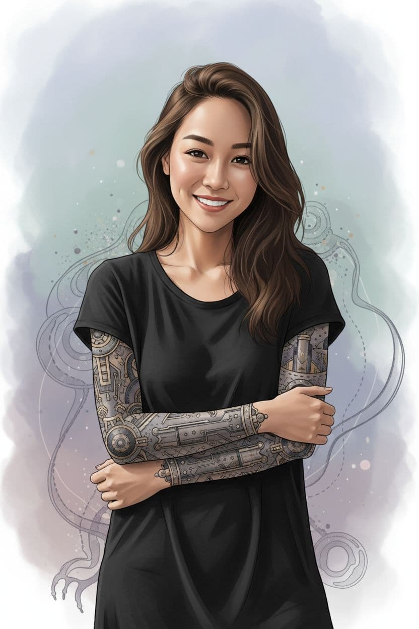 AI generated: a woman in black shirt with her arms folded against , in the style of tattoo, normcore, dark silver ...