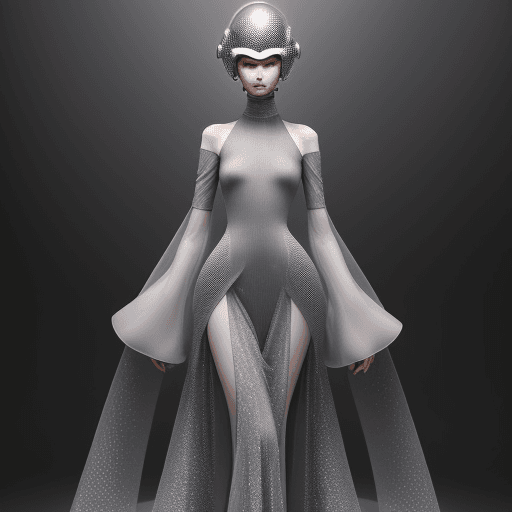 AI generated: A model wearing an avant-garde dress with a futuristic helmet, standing in front of a dark grey back...