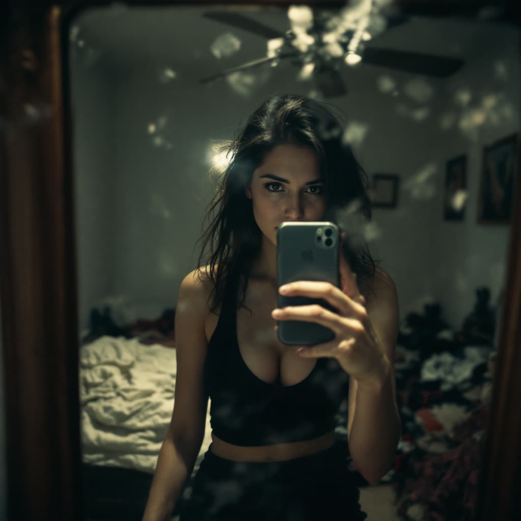 AI generated:  woman stands in front of a mirror, capturing a selfie. The image quality is grainy, with a slight b...