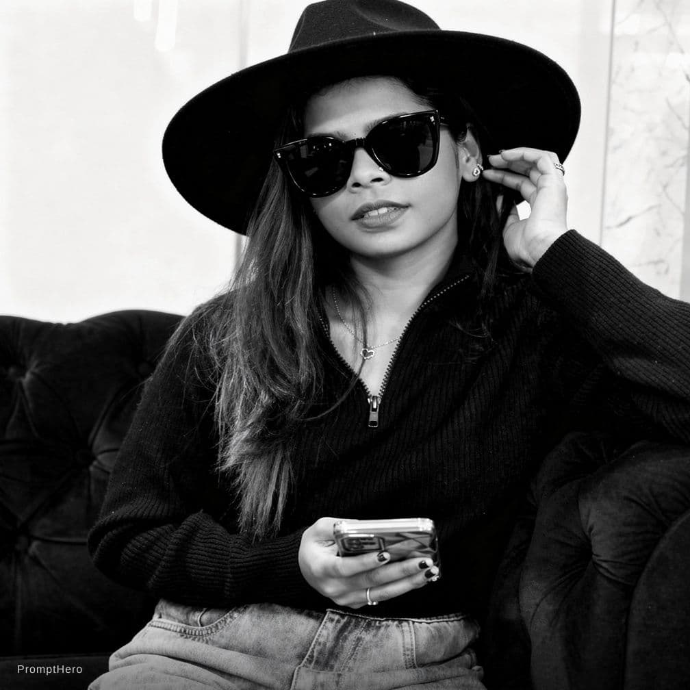 AI generated: a woman wearing black sunglasses and a hat, in the style of black and white imagery, vray tracing, t...