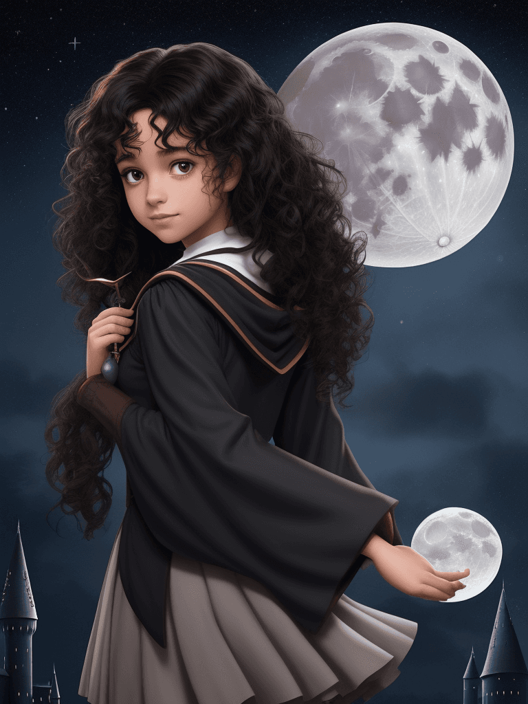 AI generated: black curly hair, disney style, cute, pretty, fantasy, hogwarts student, moon, magic, stars, harry p...