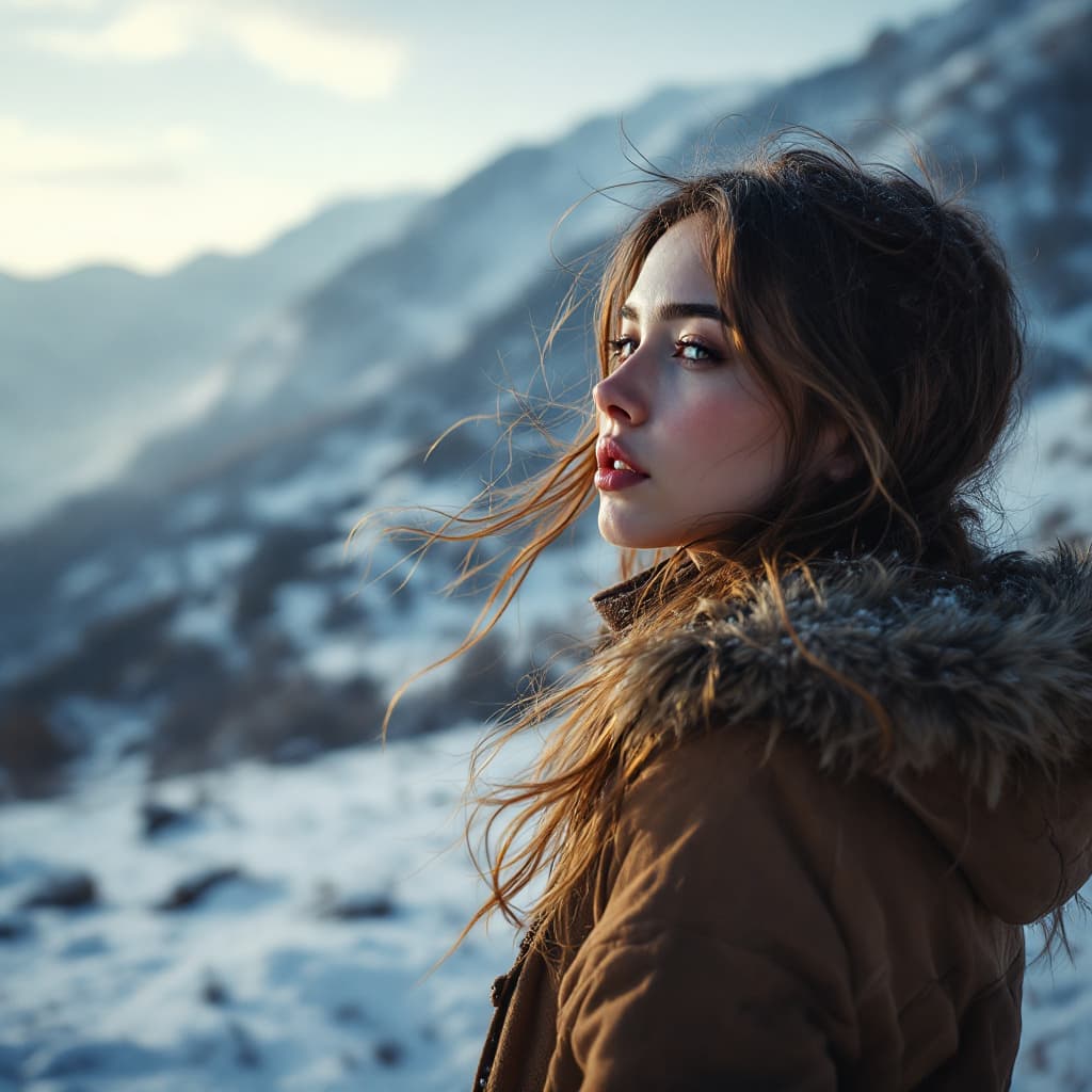 AI generated: Crea un video con las siguientes características: Una chica , Fondo: Paisaje montañoso con niebla, A...