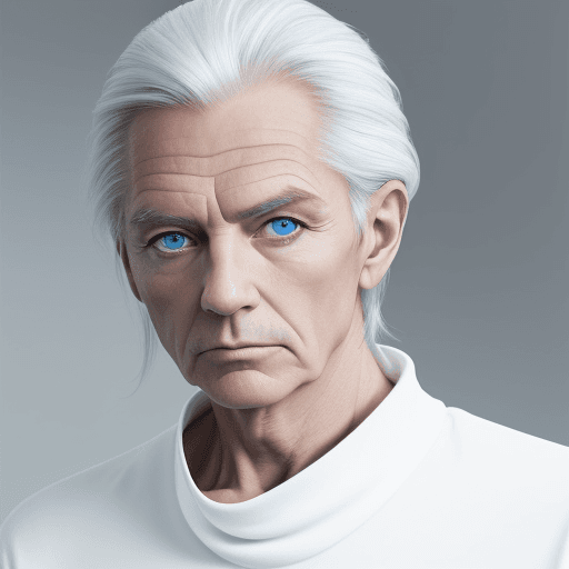 AI generated: designer, man, 60 years old, model pose, blue eye, minimalist, stylish nessy long hairstyle, profoun...