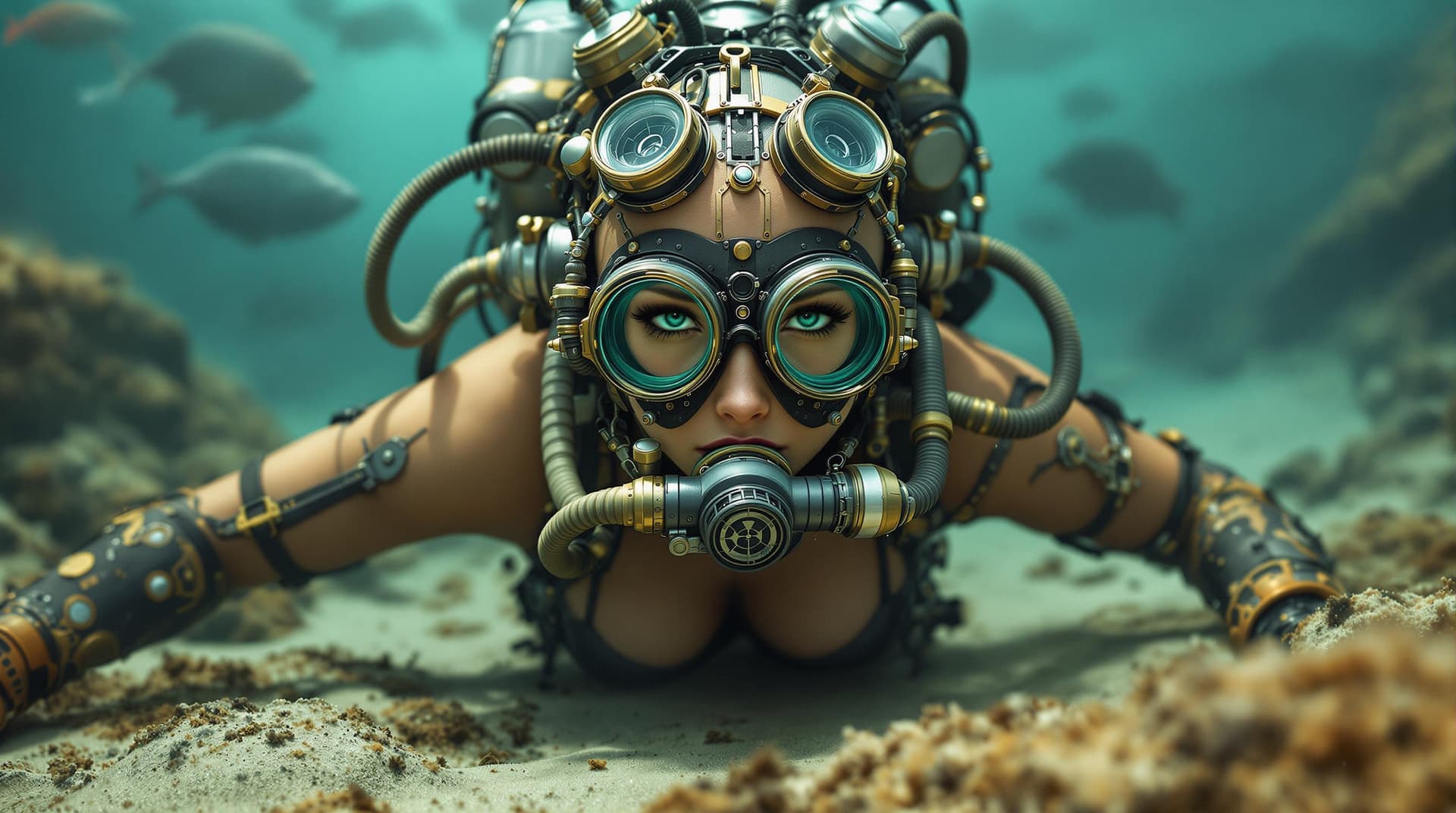 AI generated: Full body action photo of a female dieselpunk cyborg with vintage looking diving equipment submerged...