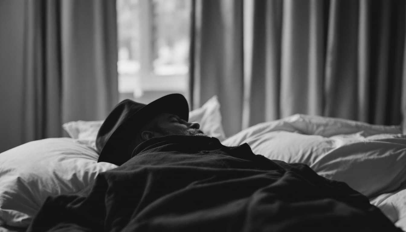 AI generated:  high definition black n white - camera shot from behind- middle aged man in black coat and hat lyin...