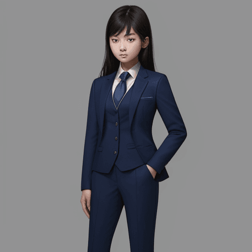AI generated:  The image features a young asian girl wearing a dark blue suit, which includes a jacket and matchin...