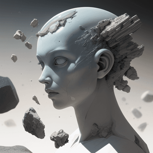 AI generated: scattered realistic front view portrait of alien made by marble, snapshot right during disintegratio...