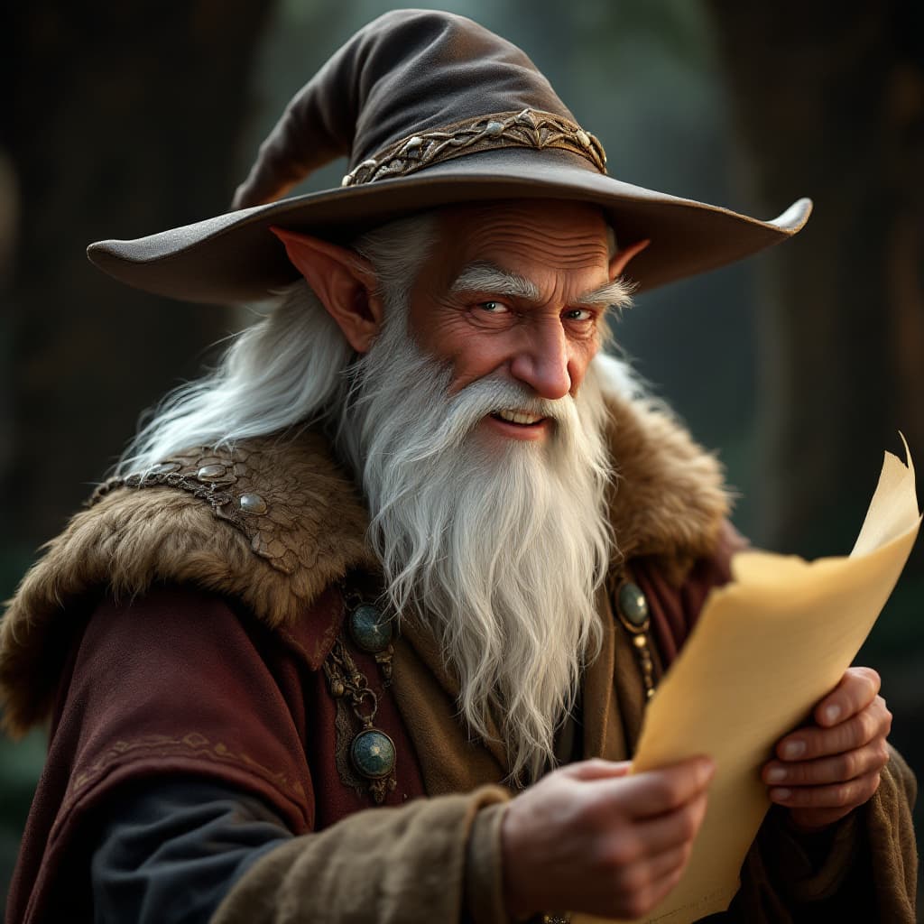 AI generated: happy musical elven bard, elderly, white hair and beard, medieval bard hat, not a wizard, holding a ...