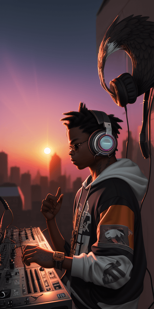 AI generated: (nvinkpunk:1.2) (snthwve style:0.8) DJ eagle, headphone, anthro, lightwave, sunset, intricate, highl...
