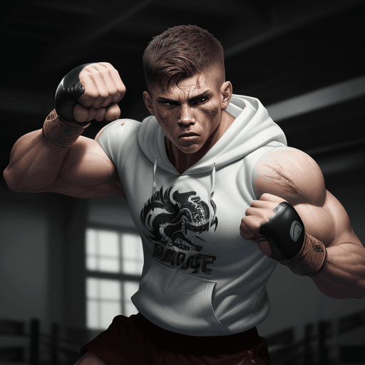 AI generated: painting style, illustration of a muscular young man with short brown hair, a tough and intense gaze...