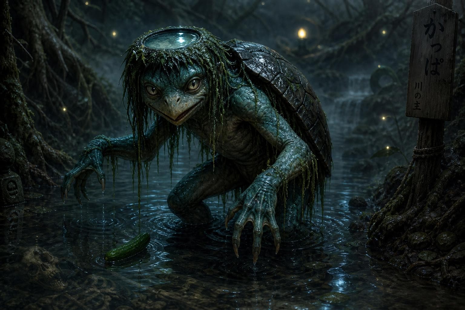 AI generated: mysterious and eerie yokai from Japanese folklore — the Kappa, a water-dwelling spirit inhabiting ri...