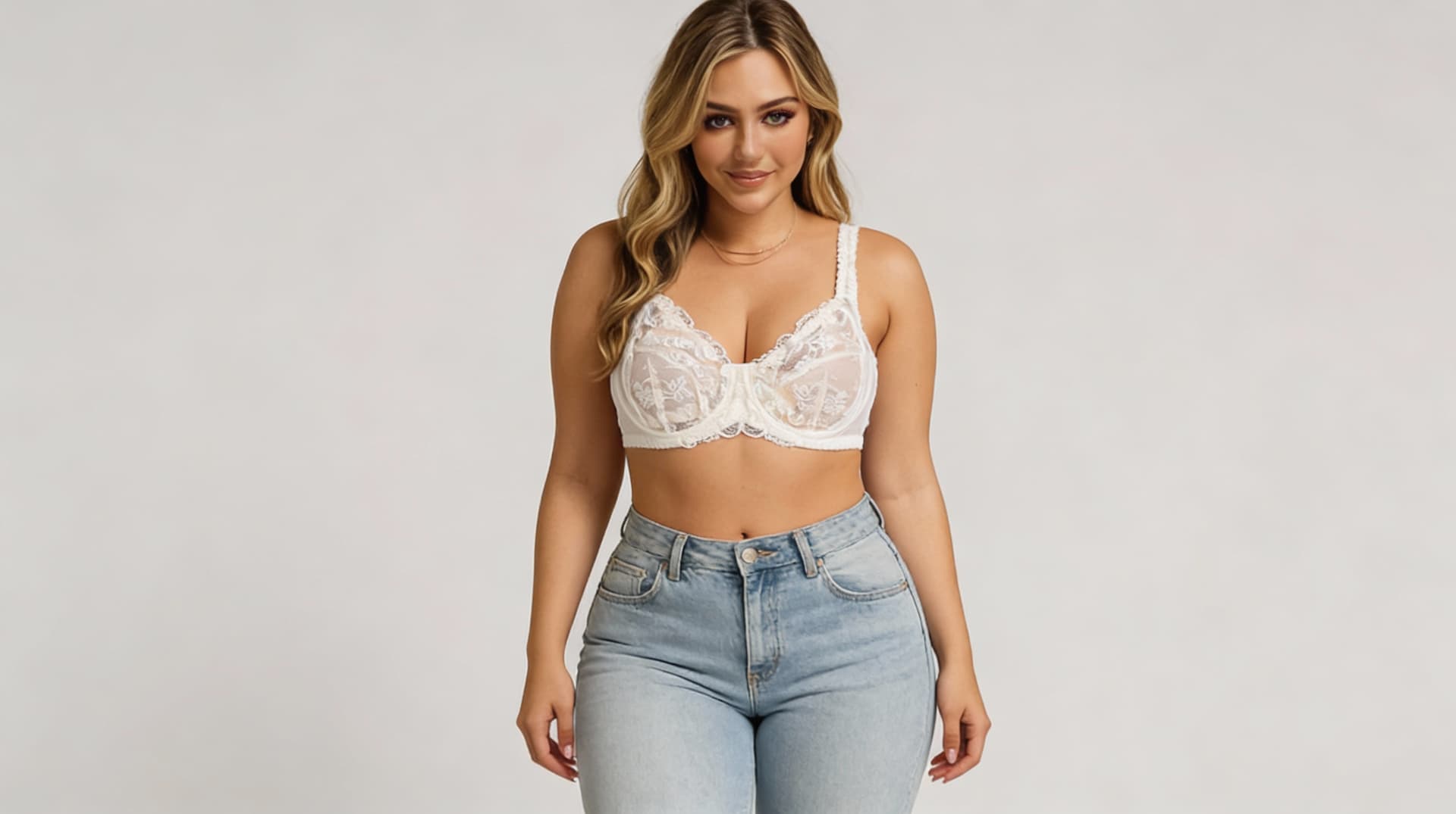 AI generated: full body photorealistic image of the woman (attached) wearing the bra (attached) modeling against a...
