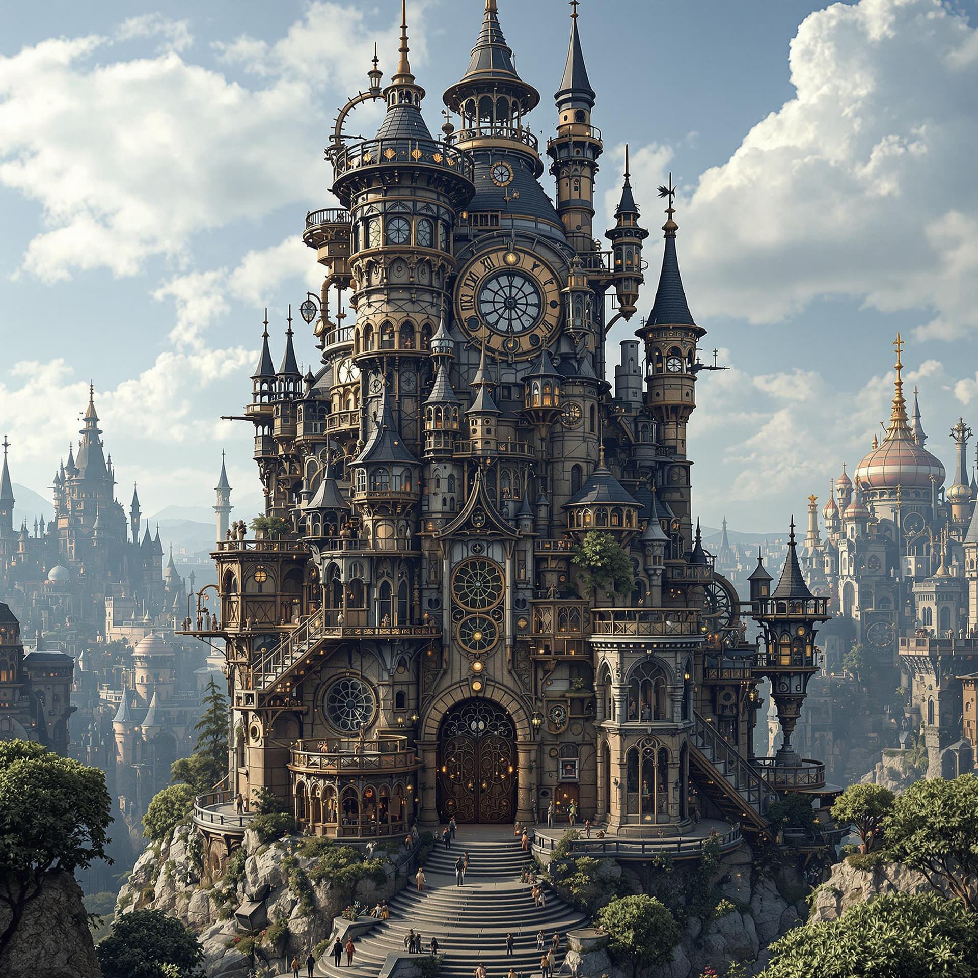 AI generated: Stylized steampunk wizard's tower, dungeons and dragons fantasy city, intricate artwork . octane ren...