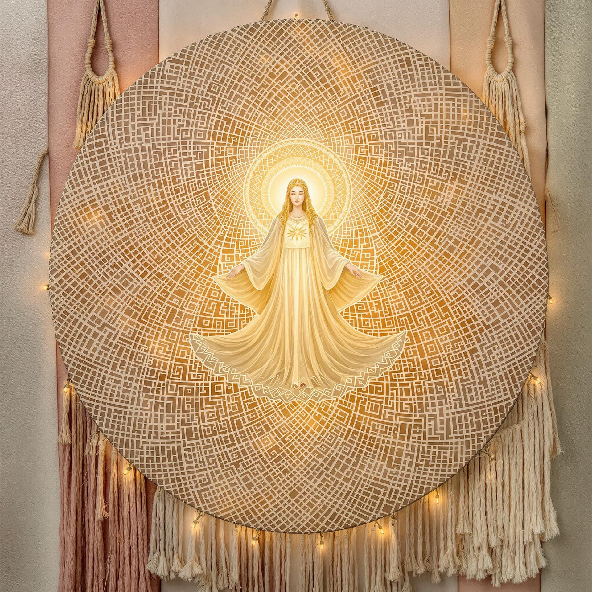 AI generated: A serene boho-style religious artwork featuring a divine figure surrounded by intricate mandala patt...