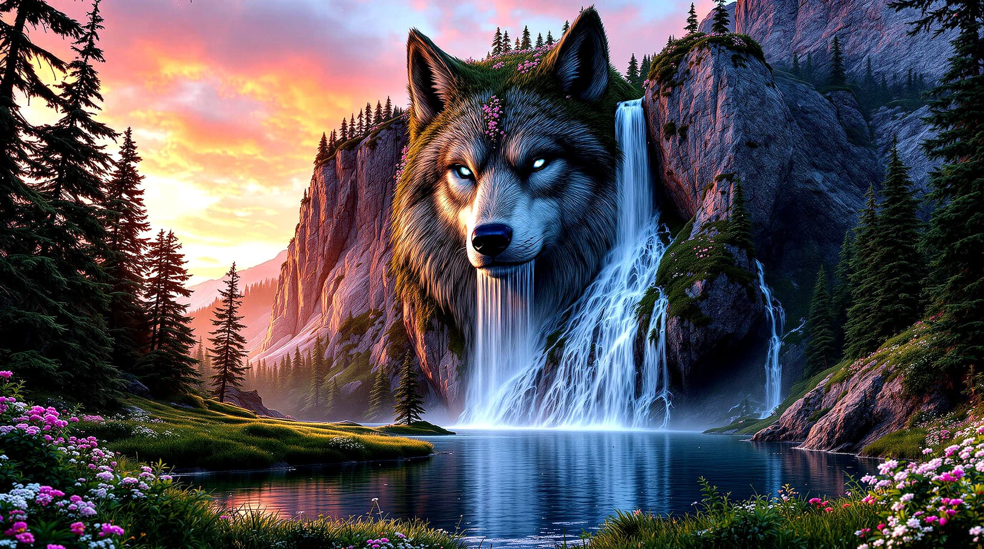 AI generated: A realistic,  wide angle photo of a giant, head of a wolf carved into the side of a mountain cliff, ...