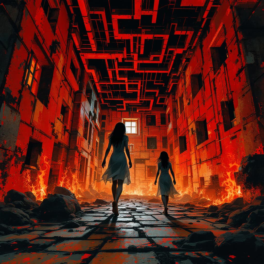 AI generated: The building is a maze of death, full of traps and monsters. Two barefoot korean young scared women,...