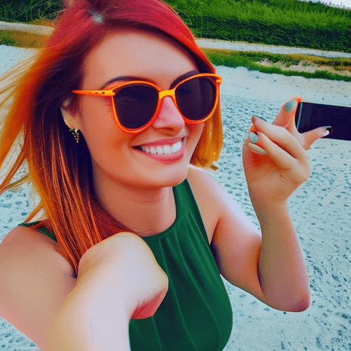 AI generated: A Selfie a cute female at the Beach, red Hair, sunglasses, smile, yellow dress, Instagram, hyperreal...