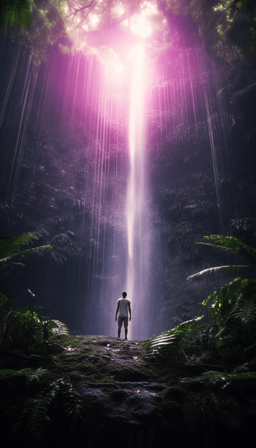 AI generated: Realistic photo of man standing in front of wide waterfall, Amethyst geode, Ground level view, Beaut...