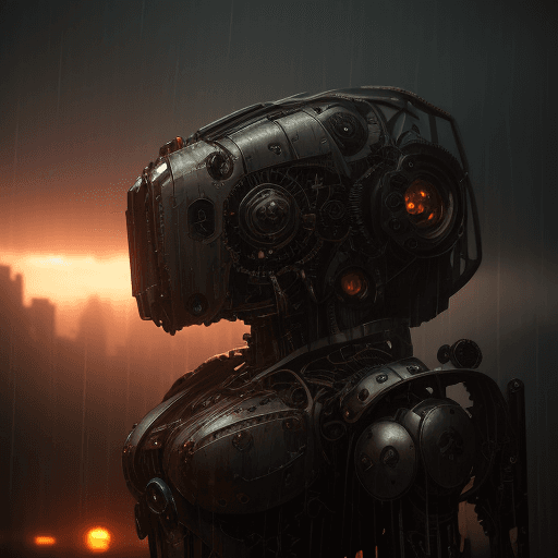 AI generated: Sadness photo of a broken steampunk robot, rain, dramatic light, pale sunrise, cinematic lighting, b...