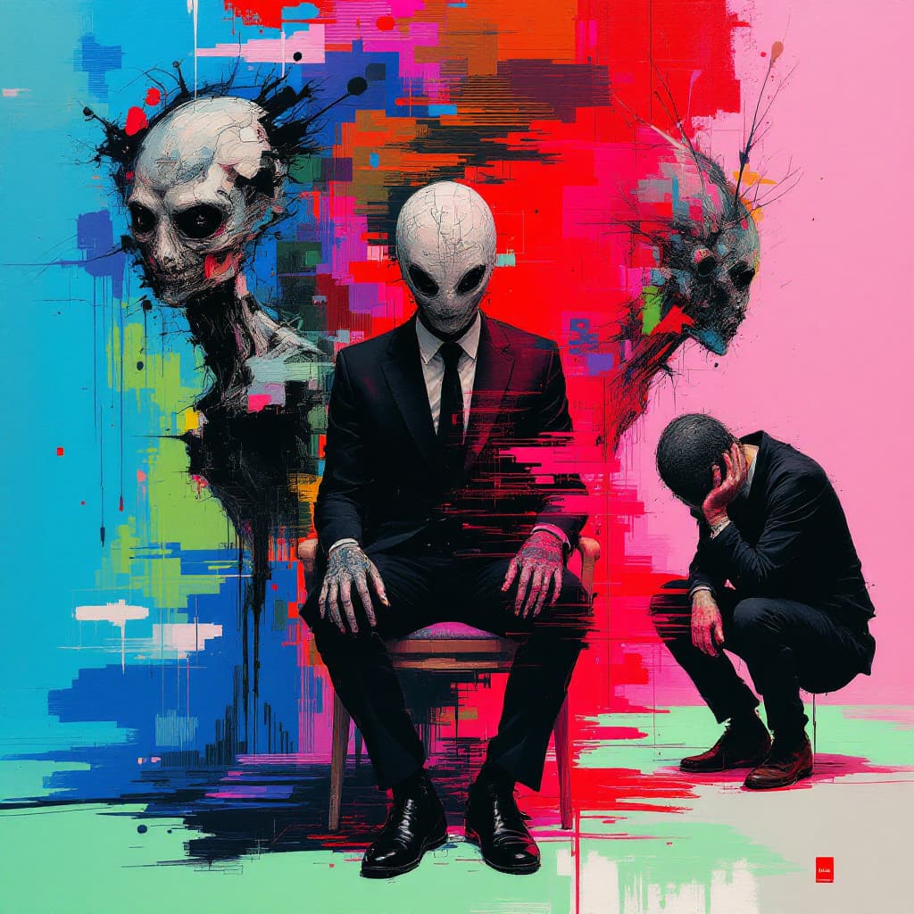AI generated: A surreal, abstract artwork featuring three figures. The central figure is seated in a dark suit, wi...