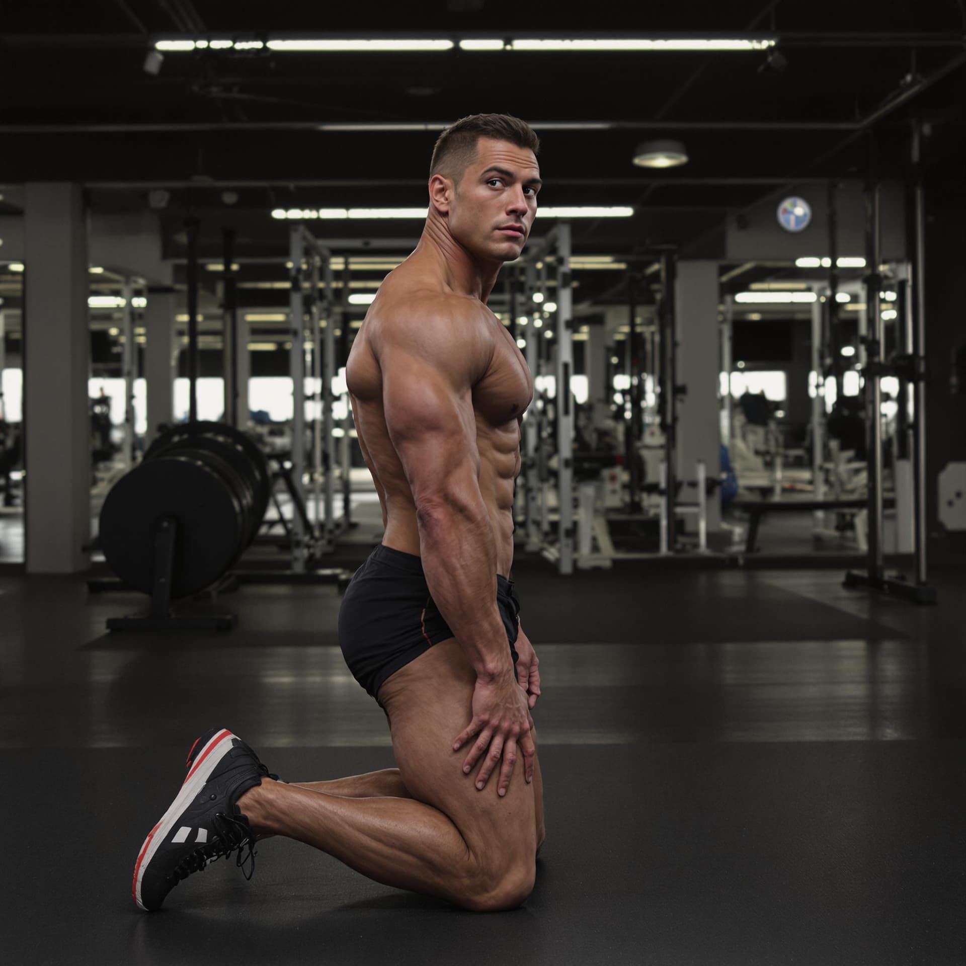 AI generated: side view of bodybuilder kneeling in pose while looking at the camera