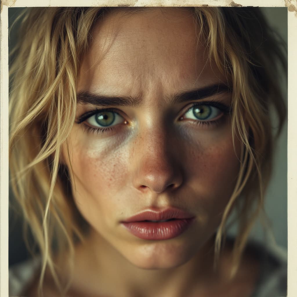 AI generated: female, Caucasian, blonde hair. uneven brows, slightly crooked nose. chapped small lips, tired expre...