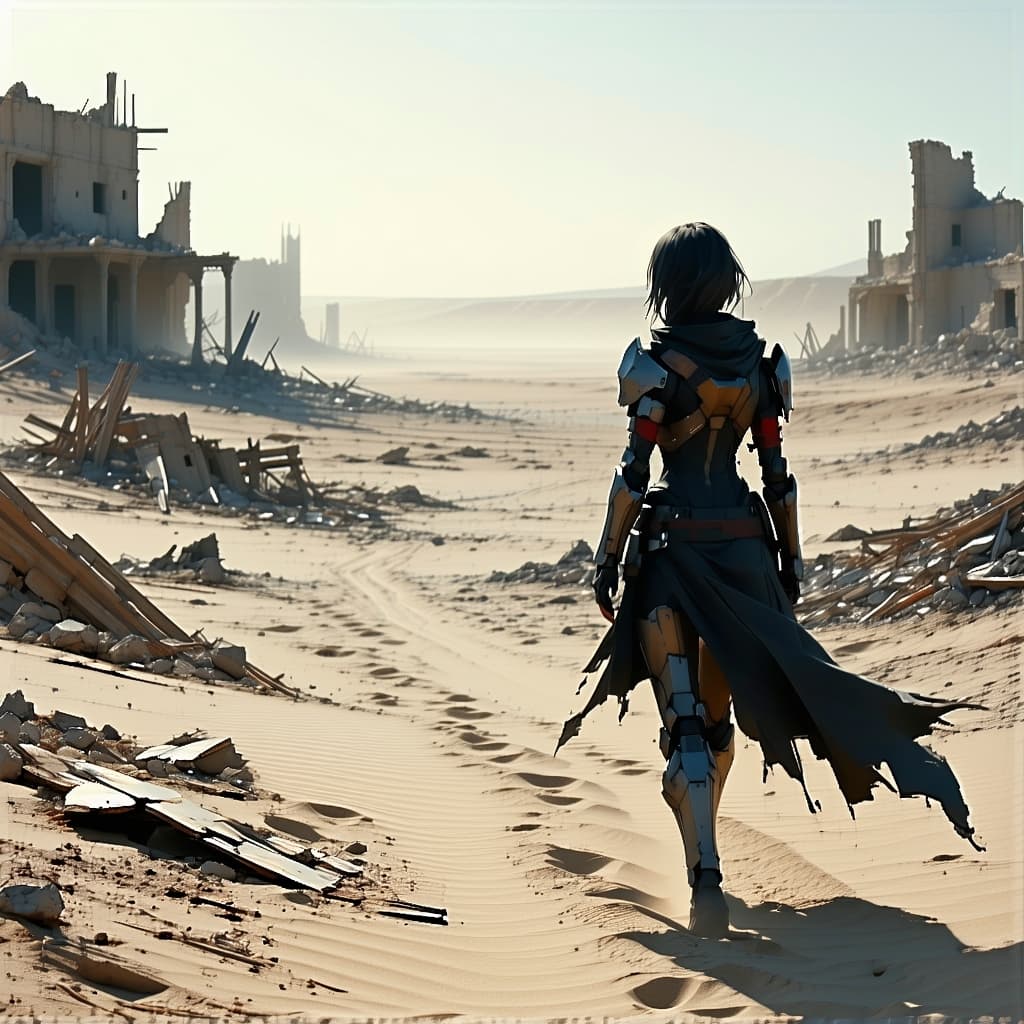 AI generated: Visualize a sole female survivor as she is wandering through a desolate wasteland, where the remnant...