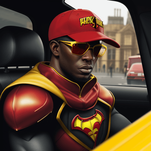 AI generated: A BLACKMAN in a red baseball cap, yellow sunglasses, in a dark red superhero knight armour suit with...