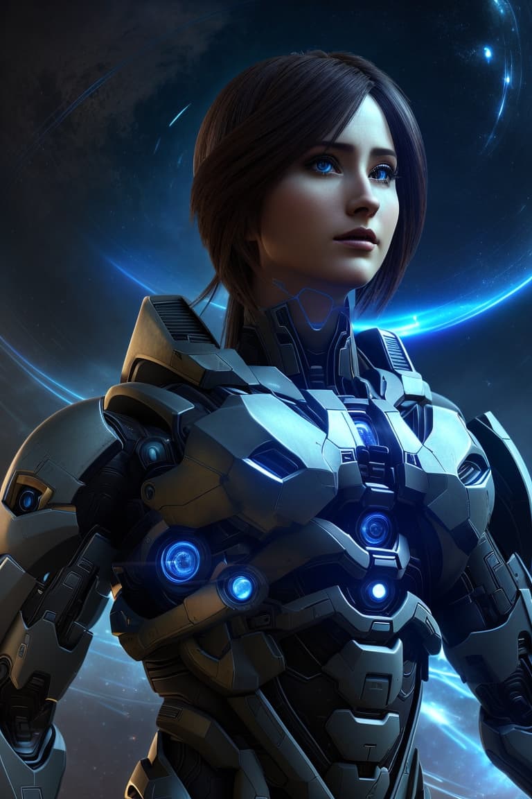 AI generated: A portrait of Cortana, from the game Halo, with a galactic war on the background, intricate, sharp f...