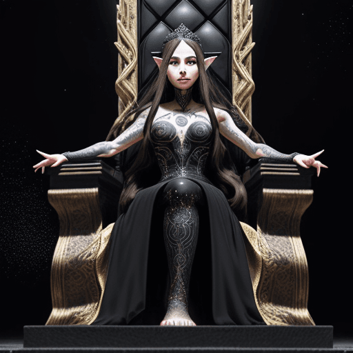 AI generated: A dark stone throne that shines like small particles of stars, a beautiful elf is sitting on the thr...