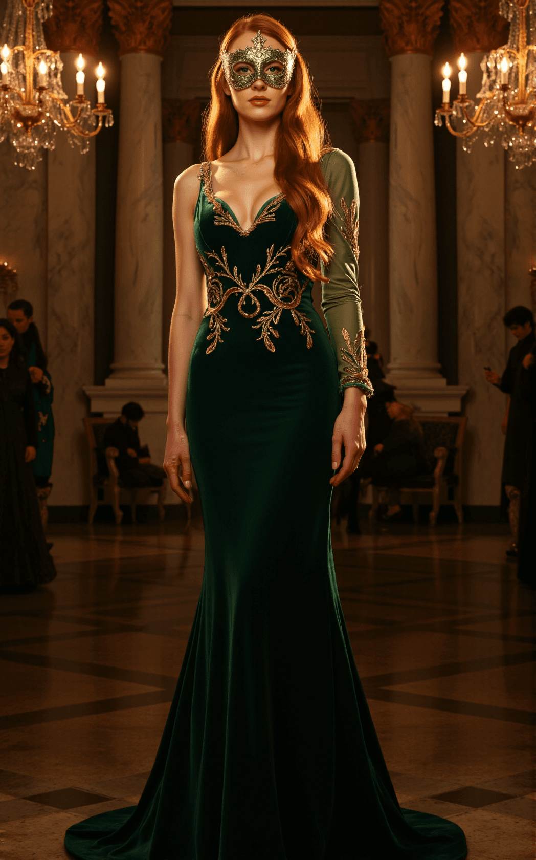 AI generated: At the heart of a lavish Venetian masquerade ball, a sophisticated woman stands as the embodiment of...