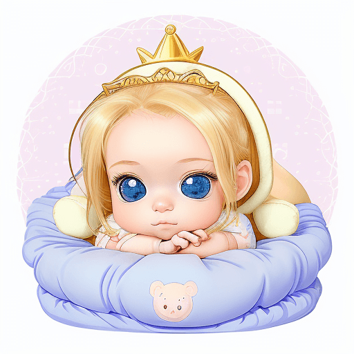 AI generated: "Design a pixel chibi-style illustration of an enchanting baby girl with sparkling blue eyes and gol...