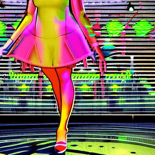 AI generated: cyberpunk ethereal female with perfect face and with dirty neon dress in front of an alien spaceport...