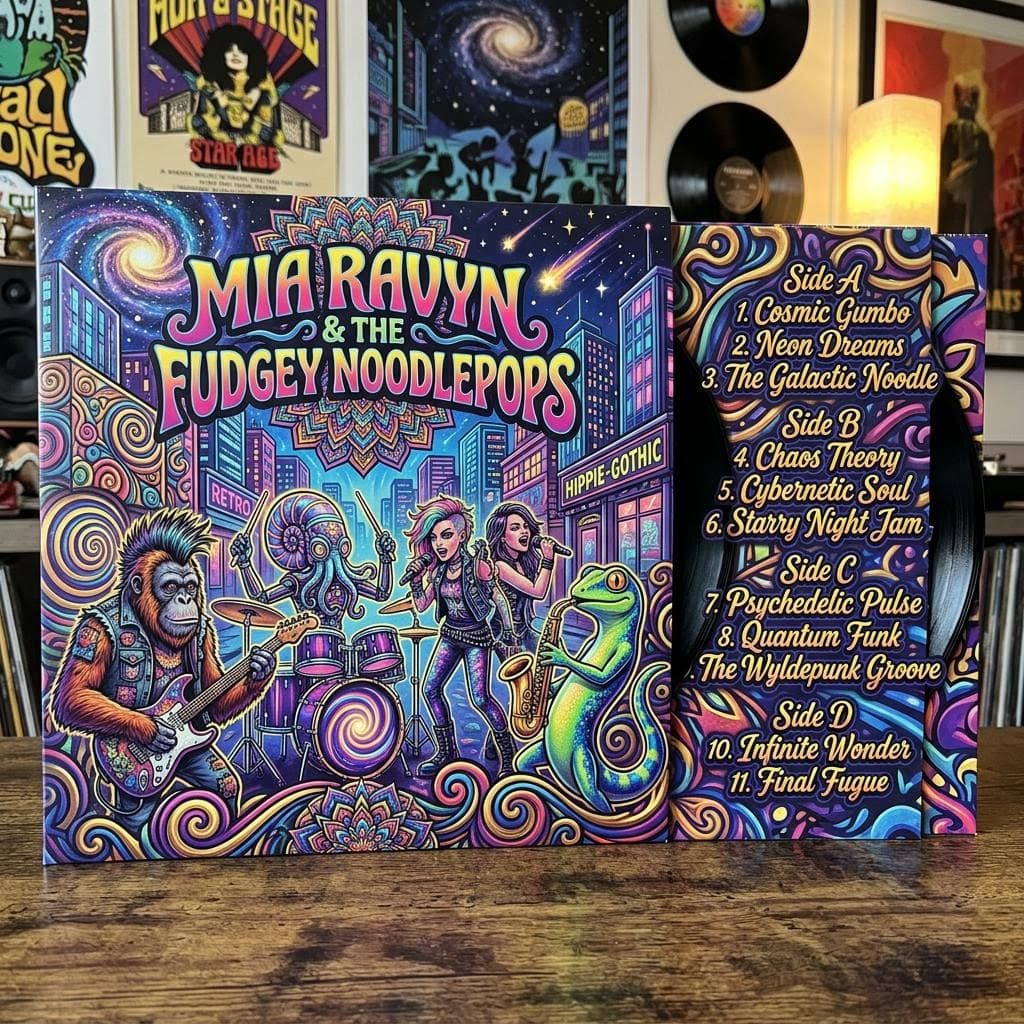 AI generated: Vinyl record double LP embossed album cover, 2020s street graffiti psychedelia style, opened to reve...