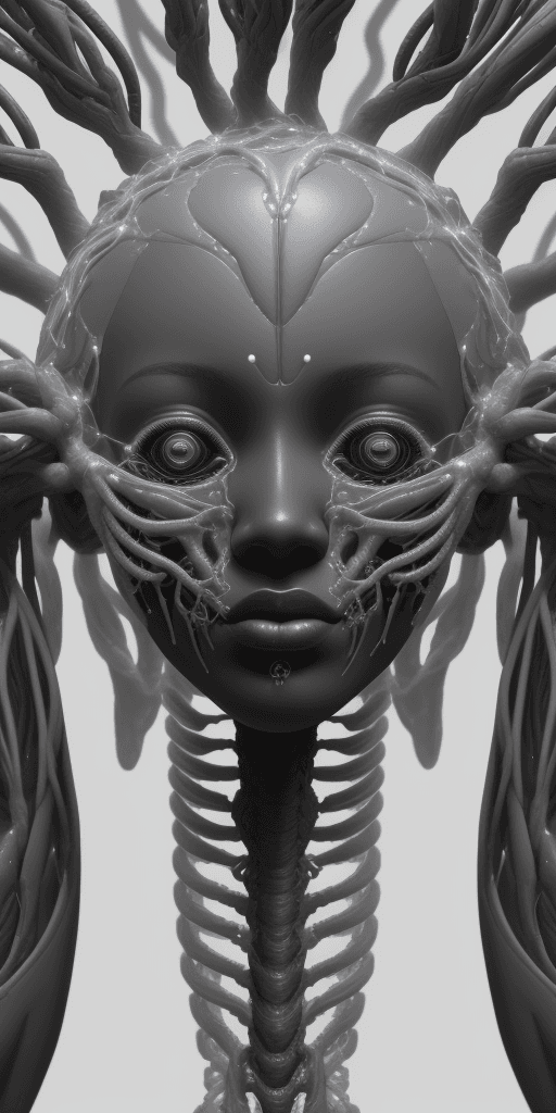 AI generated: cinematic close-up photo of an ethereal neural network organism, divine black skin woman, anatomical...