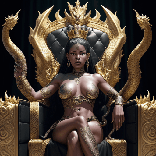 AI generated: A very beautiful queen sitting on a black throne made of gold, with a serpent-dragon like elements a...
